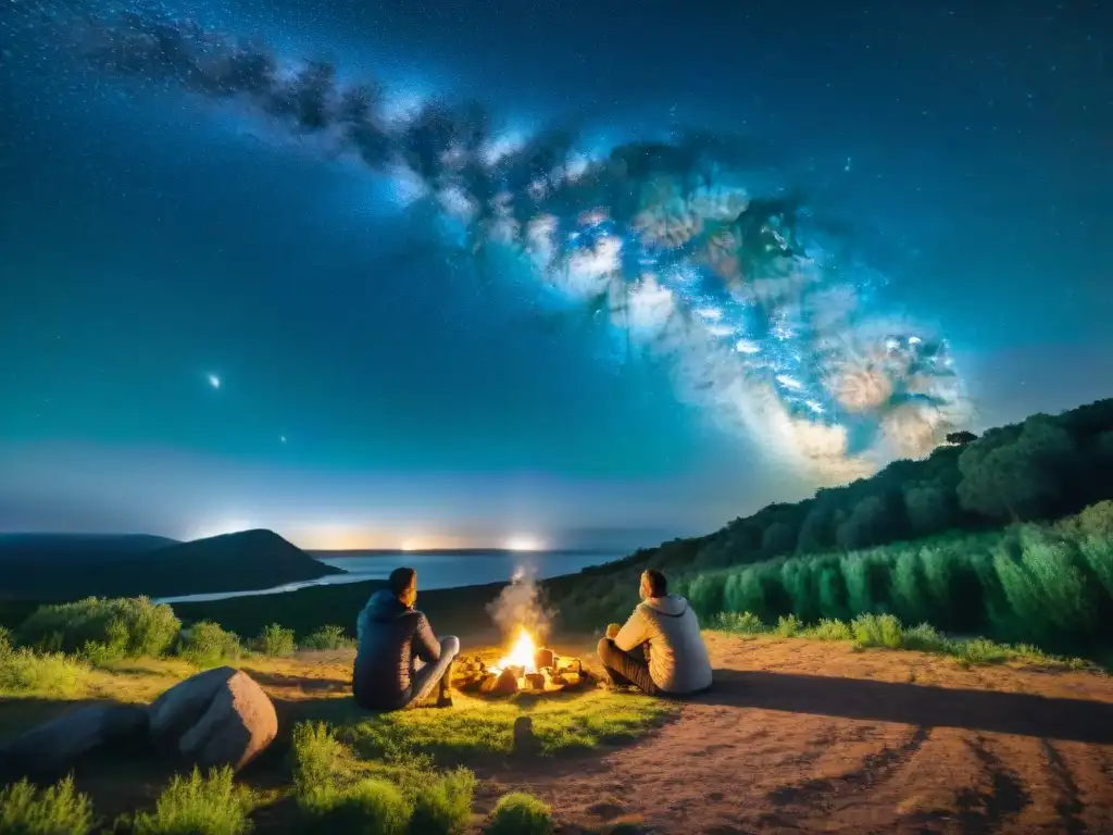 Grupo de campistas admirando estrellas alrededor de fogata en Uruguay