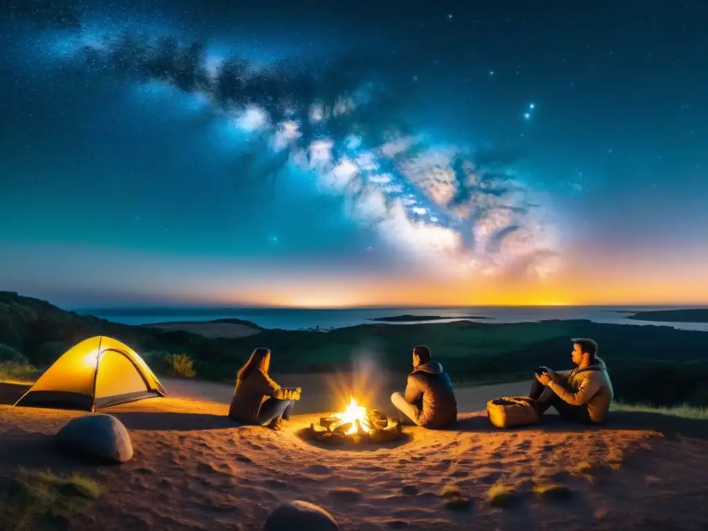 Grupo de campistas observando las estrellas alrededor de una fogata en Uruguay, bajo la Vía Láctea