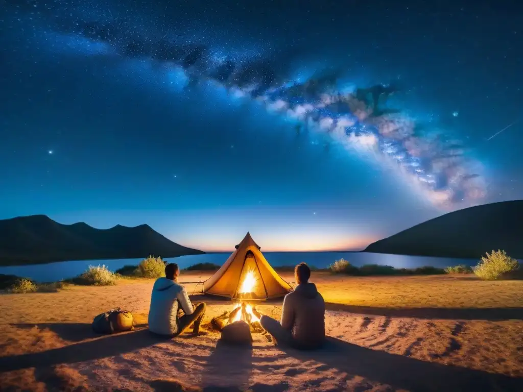 Un grupo de campistas observa las estrellas alrededor de una fogata en un camping en Uruguay