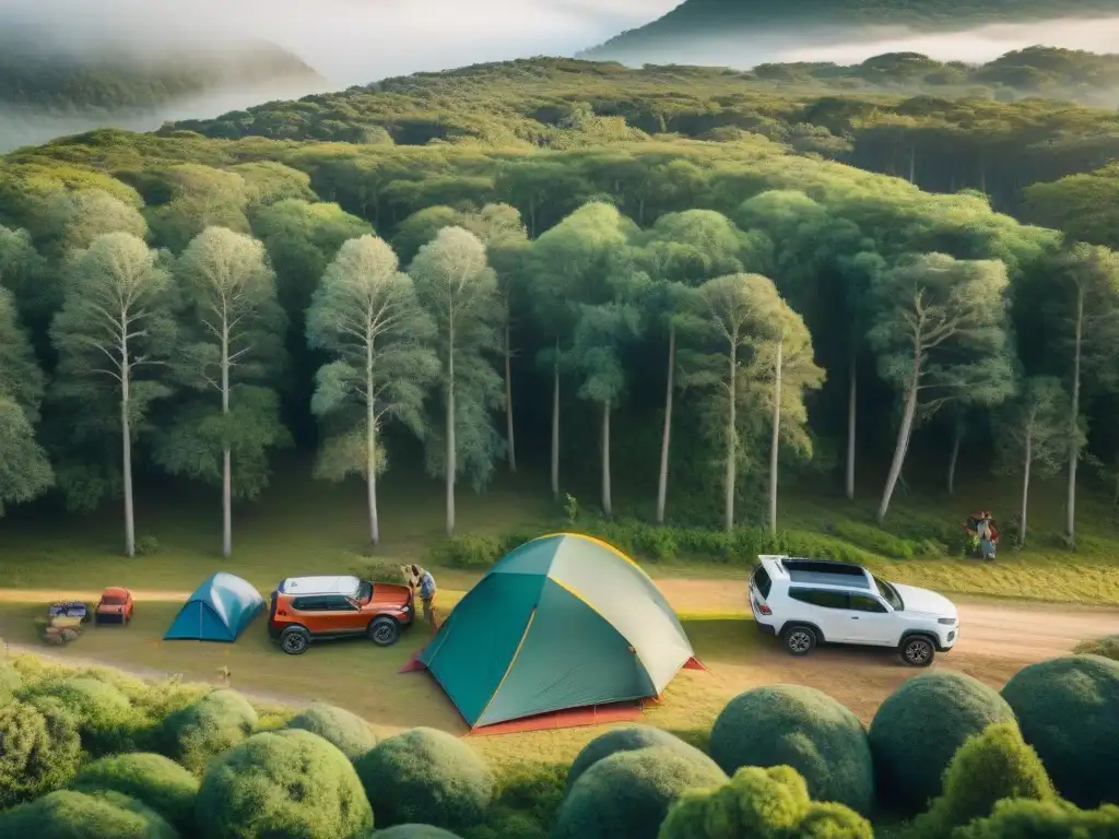 Grupo de campistas preparando un exitoso camping en Uruguay, entre bosques verdes