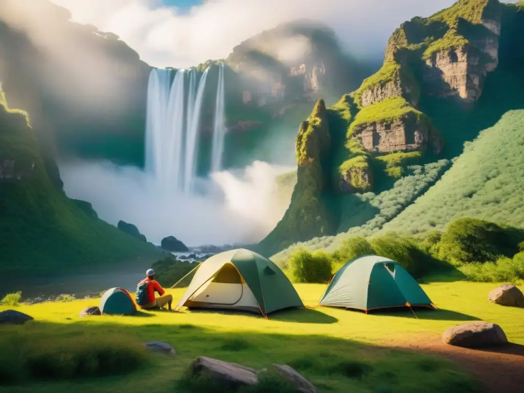 Grupo de campistas viviendo la experiencia camping Salto del Penitente entre la naturaleza exuberante y la majestuosa cascada