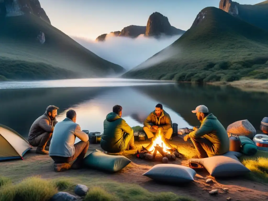 Grupo de campistas experimentados montando campamento junto a un río en Uruguay, mostrando consejos de supervivencia camping Uruguay