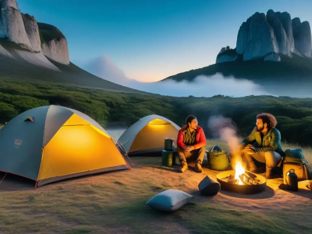 Grupo de campistas experimentados preparando un campamento seguro en la naturaleza de Uruguay