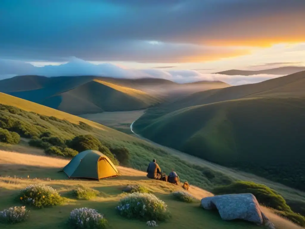 Grupo de campistas experimentados montando una tienda tradicional al atardecer en campo uruguayo