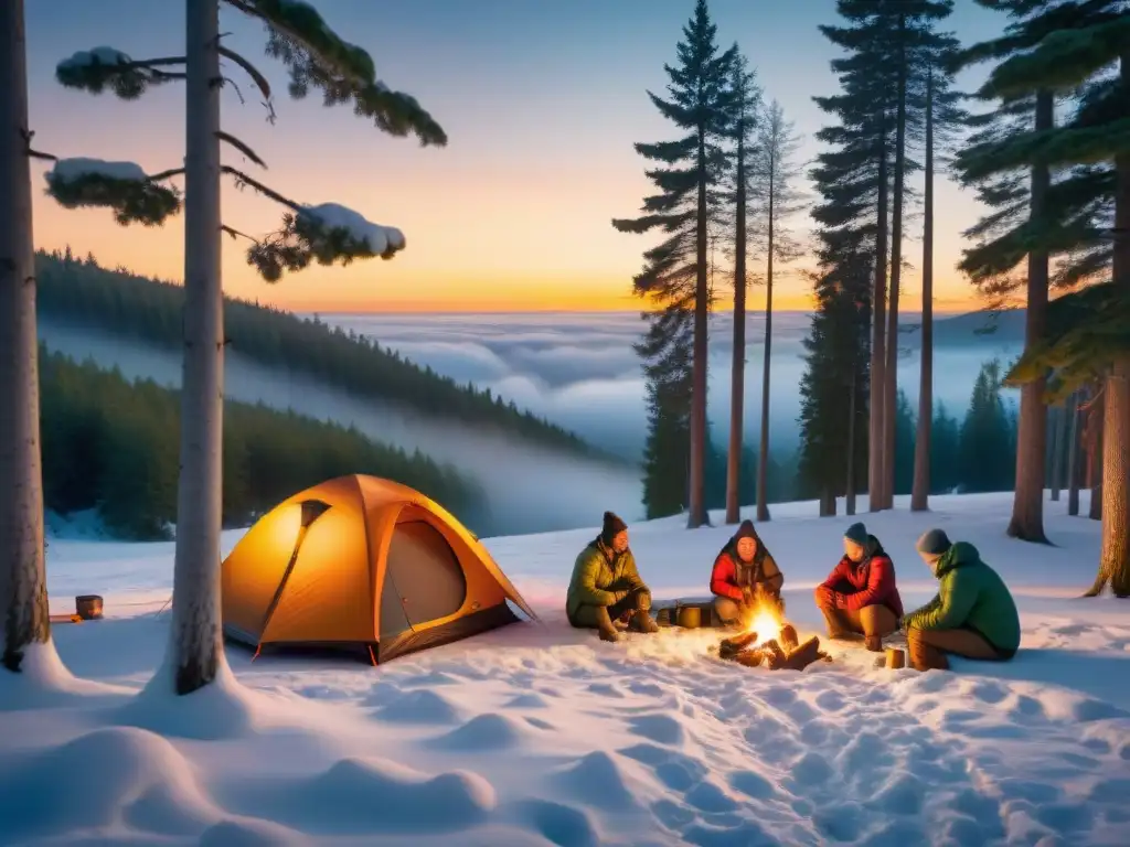 Grupo de campistas experimentados montando tienda en bosque nevado al anochecer, con vestimenta adecuada para campismo invierno