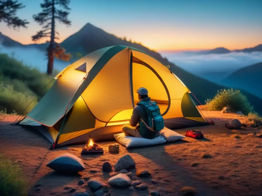 Grupo de campistas experimentados montando tienda en la naturaleza al atardecer con ropa de camping de calidad