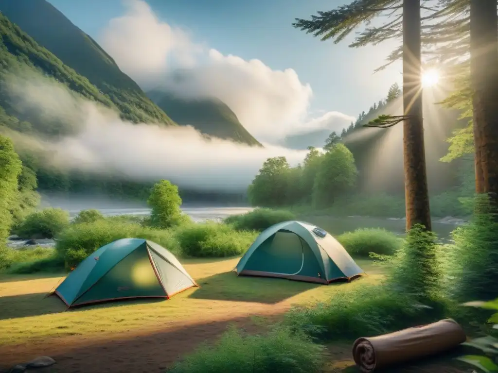 Un grupo de campistas experimentados montando tiendas con ropa de camping de calidad en un bosque exuberante