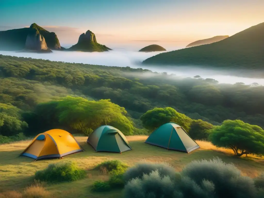 Grupo de campistas en la exuberante naturaleza de Uruguay, montando tiendas al atardecer