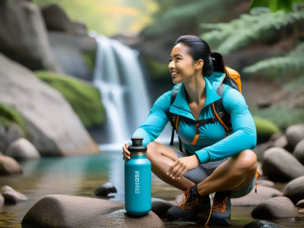 Grupo de campistas felices llenando botellas de agua con sistema de filtración de alta tecnología en entorno natural