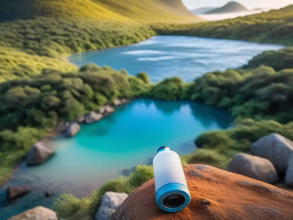 Un grupo de campistas felices en un campamento en Uruguay, filtrando agua con filtros portátiles