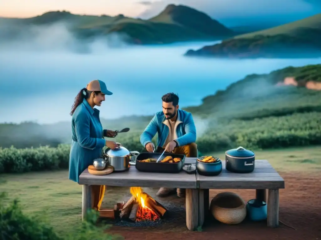 Grupo de campistas felices preparando comida alrededor de una cocina portátil económica en un hermoso camping en Uruguay