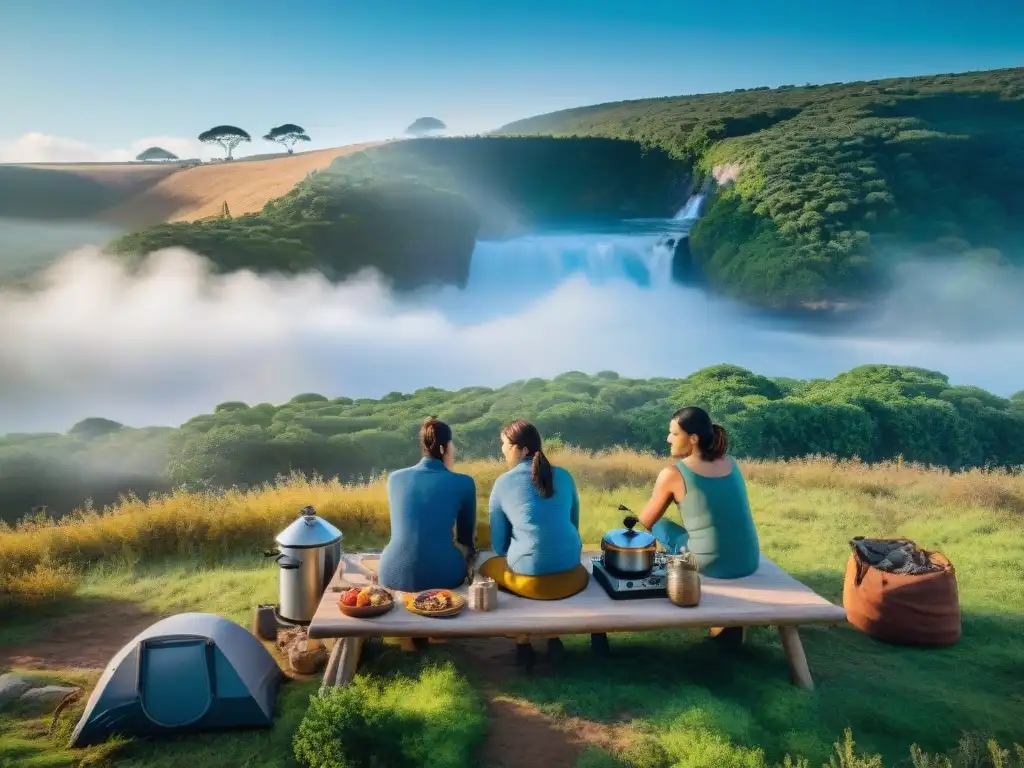 Grupo de campistas felices en Uruguay cocinando con opciones energéticas sostenibles en un entorno natural