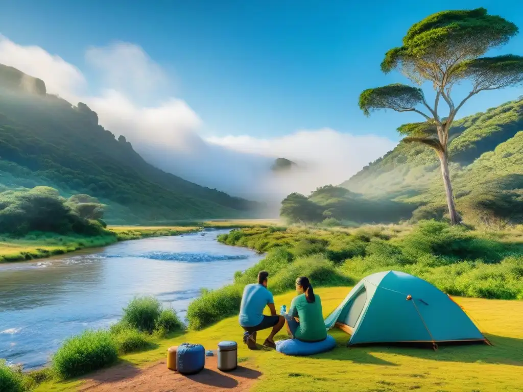 Grupo de campistas montando filtro de agua en camping en Uruguay