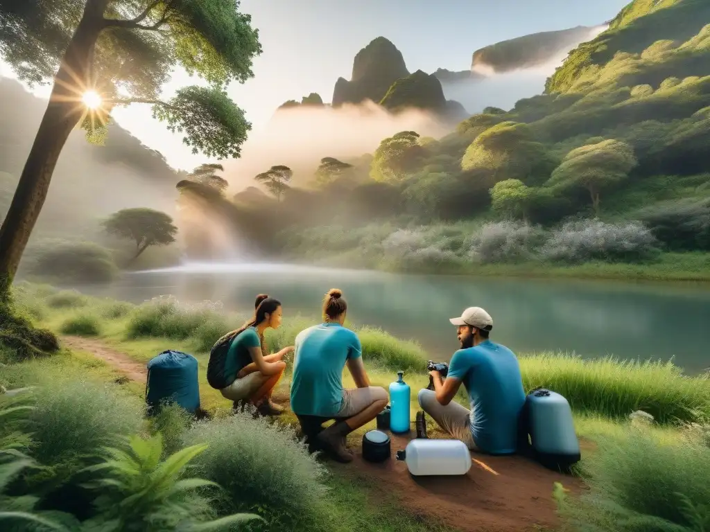 Grupo de campistas en Uruguay instalando filtros de agua portátiles junto al río en un bosque exuberante