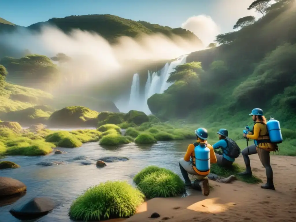 Grupo de campistas en Uruguay usando filtros de agua portátiles en medio de exuberante vegetación