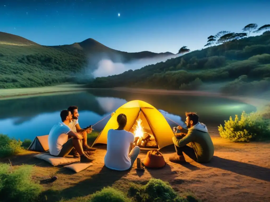 Grupo de campistas alrededor de fogata en el bosque de Uruguay, creando un ambiente de camaradería y conexión con la naturaleza