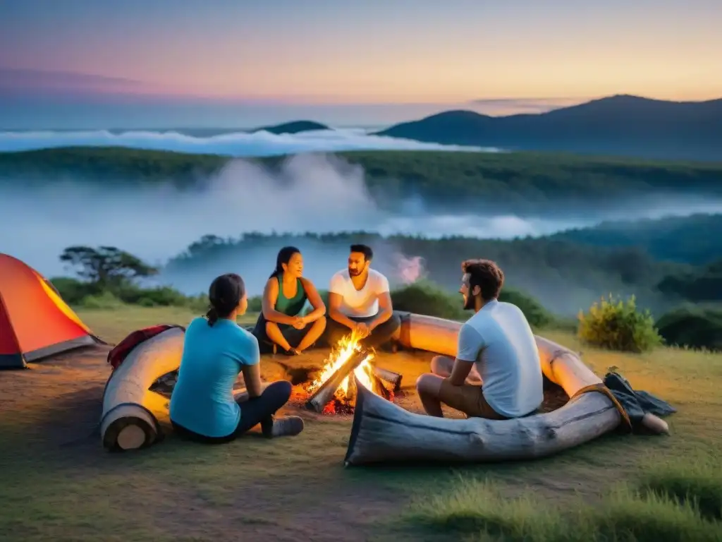 Grupo de campistas alrededor de fogata en bosque al atardecer, compartiendo historias y risas