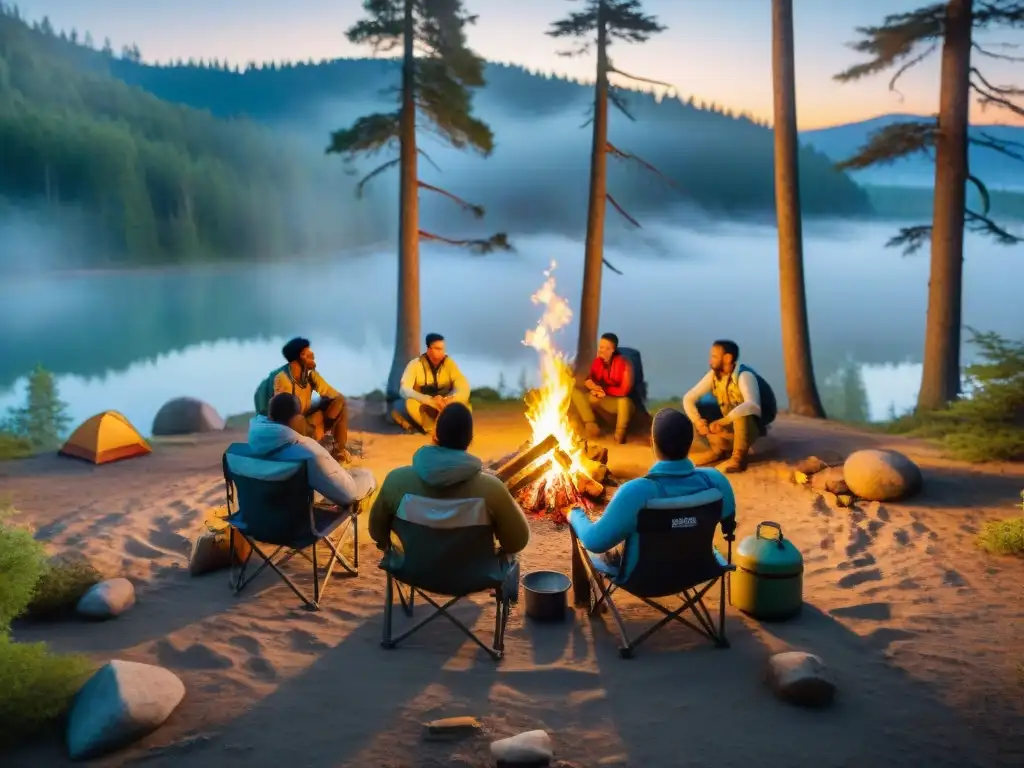 Campamento nocturno: Diversión y camaradería alrededor de la fogata Grupo de campistas disfrutando de una fogata al atardecer en sillas de camping cómodas, rodeados de naturaleza