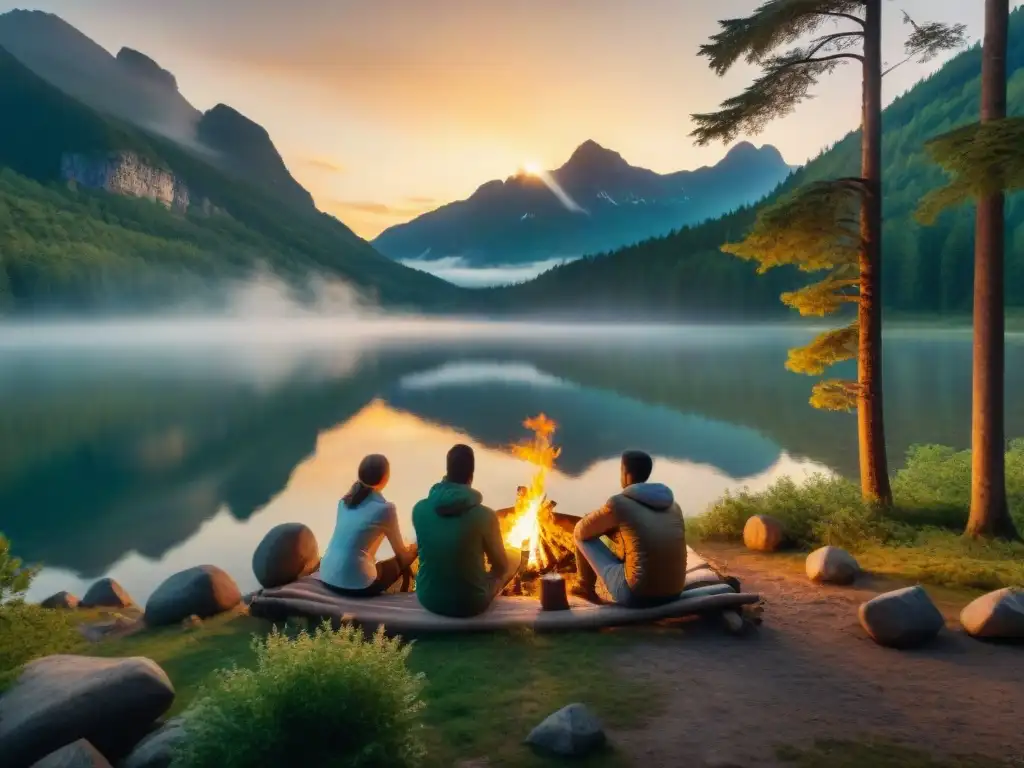 Grupo de campistas alrededor de una fogata en un bosque, con un lago sereno al fondo bajo la luz dorada del atardecer