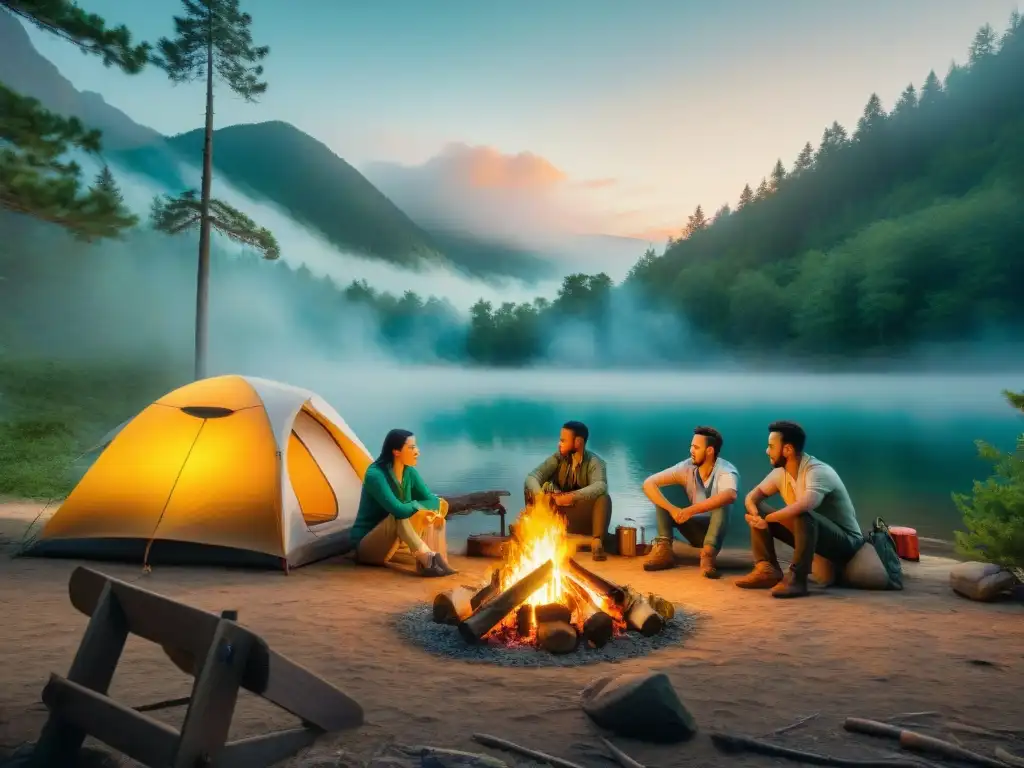 Grupo de campistas disfrutando alrededor de fogata en un bosque, destacando prevención incendios campamento Uruguay