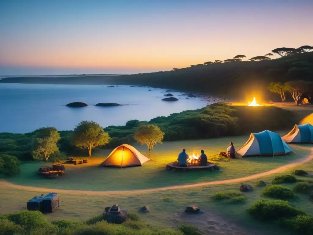 Grupo de campistas alrededor de la fogata en un campamento en Uruguay al anochecer, reflejando la conexión con la naturaleza