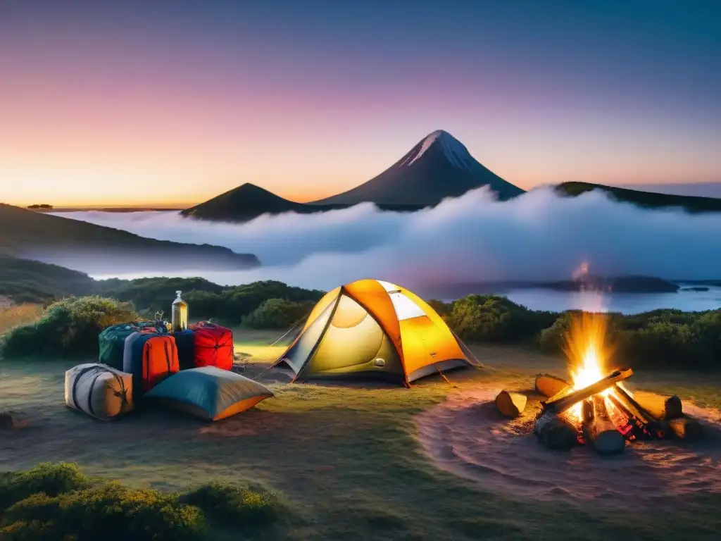 Grupo de campistas alrededor de fogata en campamento en Uruguay al anochecer con cielo estrellado emergiendo