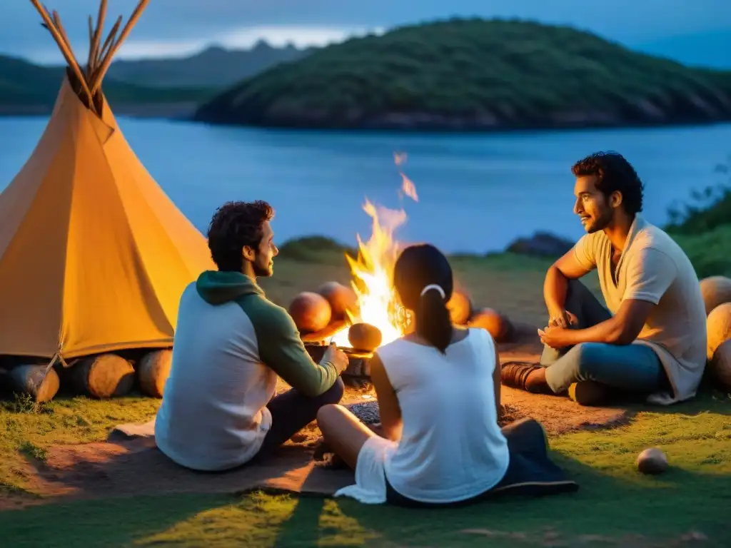 Grupo de campistas alrededor de fogata en camping uruguayo, compartiendo mate