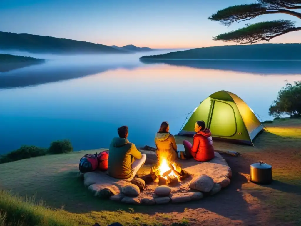 Grupo de campistas alrededor de fogata en camping en Uruguay, reflejando la conexión con la naturaleza en uno de los mejores sitios camping Uruguay