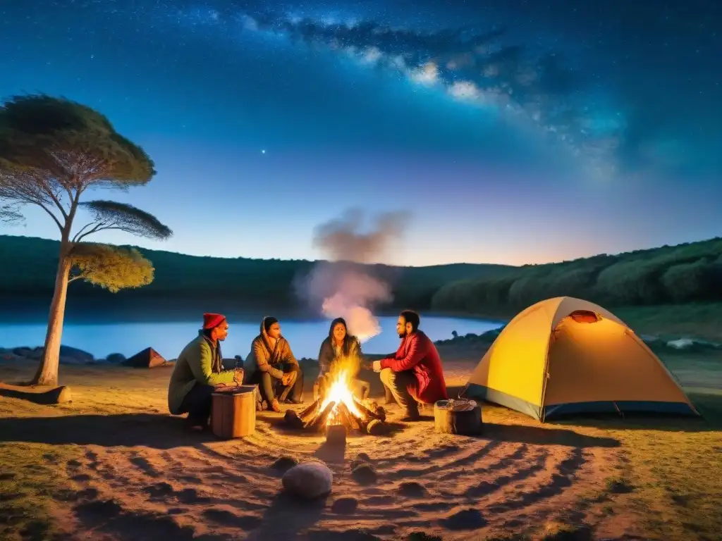 Grupo de campistas alrededor de una fogata en un camping cultural en Uruguay, bajo un cielo estrellado