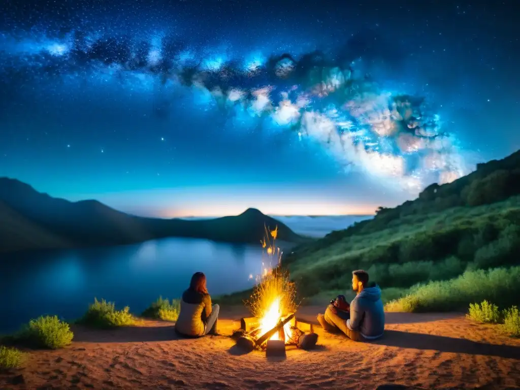 Grupo de campistas alrededor de fogata bajo cielo estrellado en Uruguay