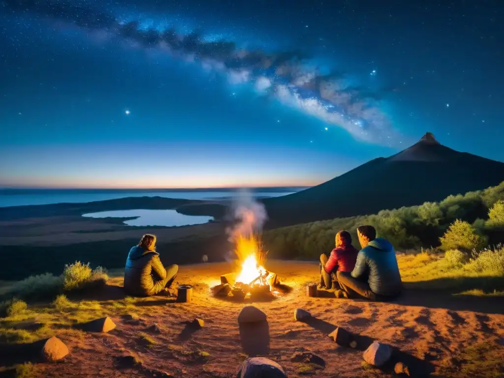 Un grupo de campistas alrededor de una fogata bajo un cielo estrellado en la naturaleza uruguaya