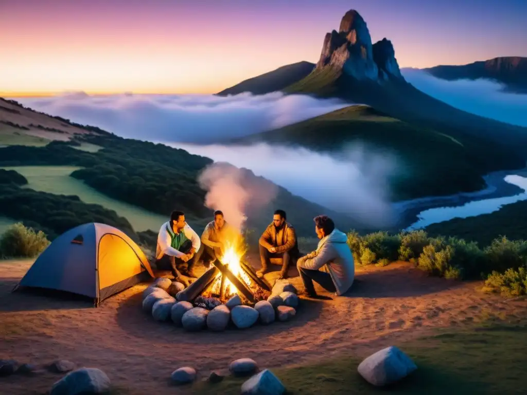 Grupo de campistas alrededor de fogata bajo cielo estrellado en campamento en Uruguay