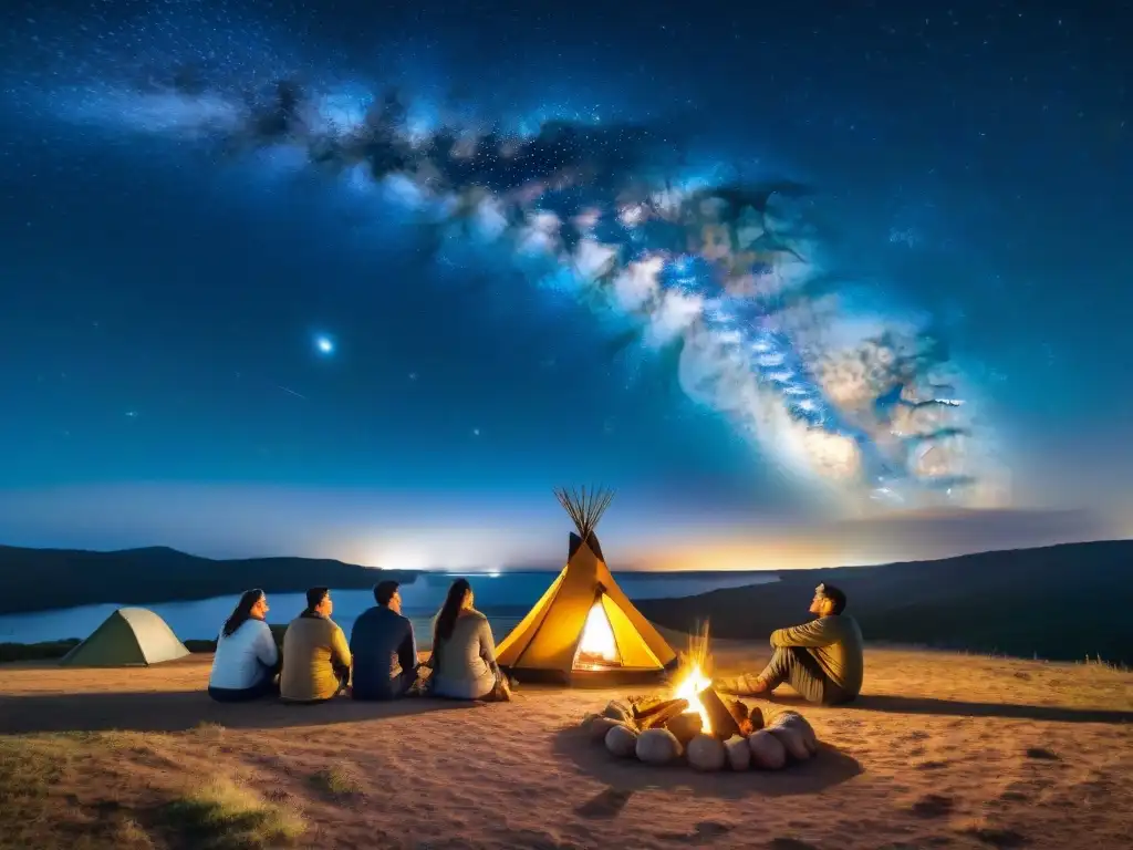 Un grupo de campistas comparte mate alrededor de la fogata bajo un cielo estrellado en Uruguay