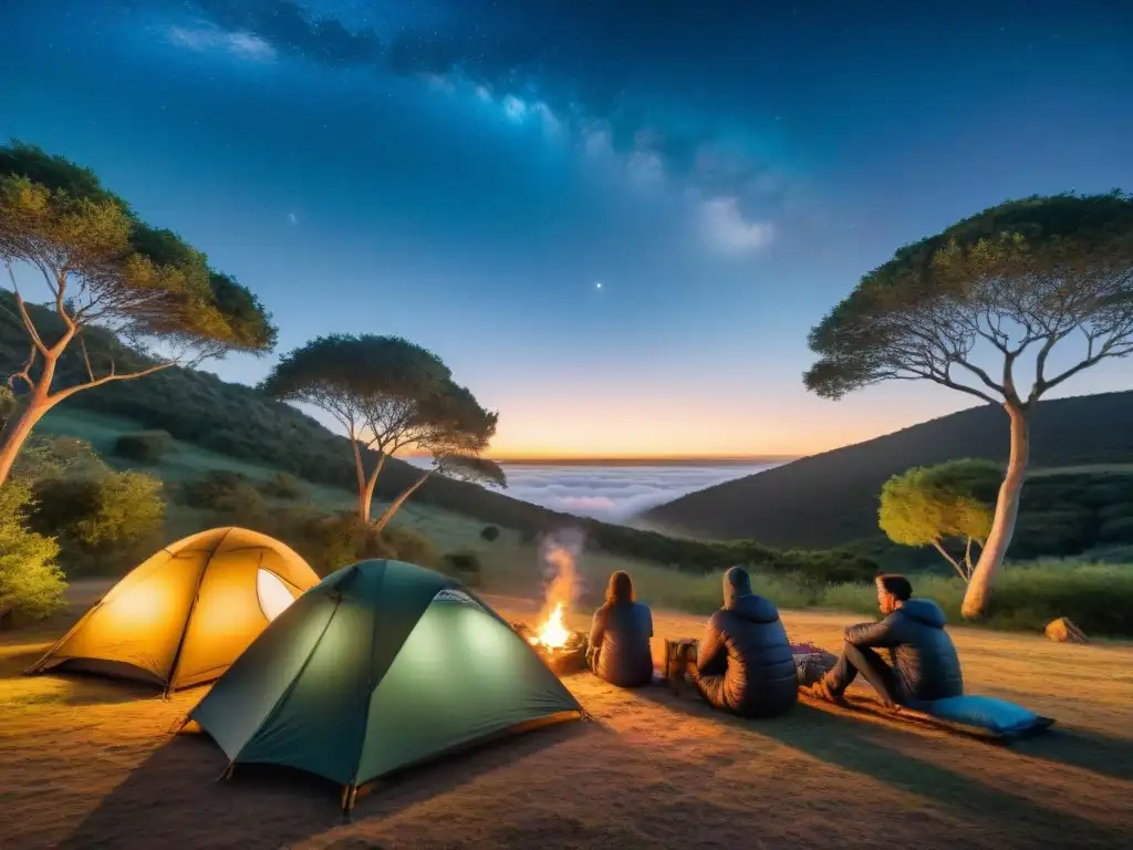 Grupo de campistas alrededor de fogata bajo cielo estrellado en camping remoto de Uruguay