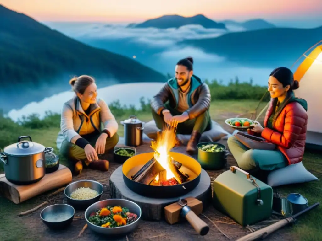 Un grupo de campistas alrededor de la fogata, cocinando deliciosos platillos al aire libre en un campamento bajo las estrellas