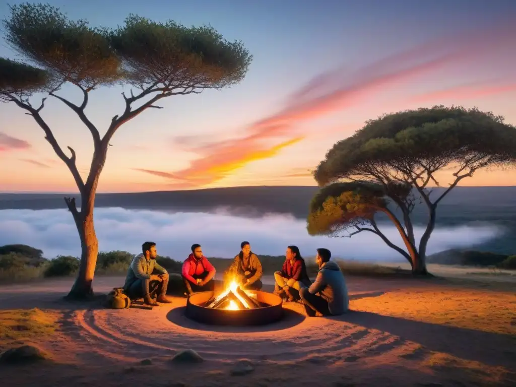 Grupo de campistas disfrutando de una fogata instantánea en el campo uruguayo al atardecer