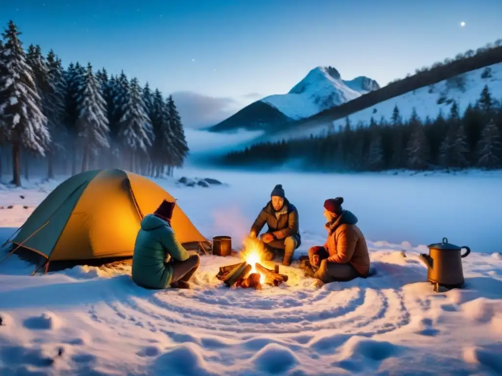 Grupo de campistas alrededor de fogata en invierno, cocinando recetas de cocina campamento