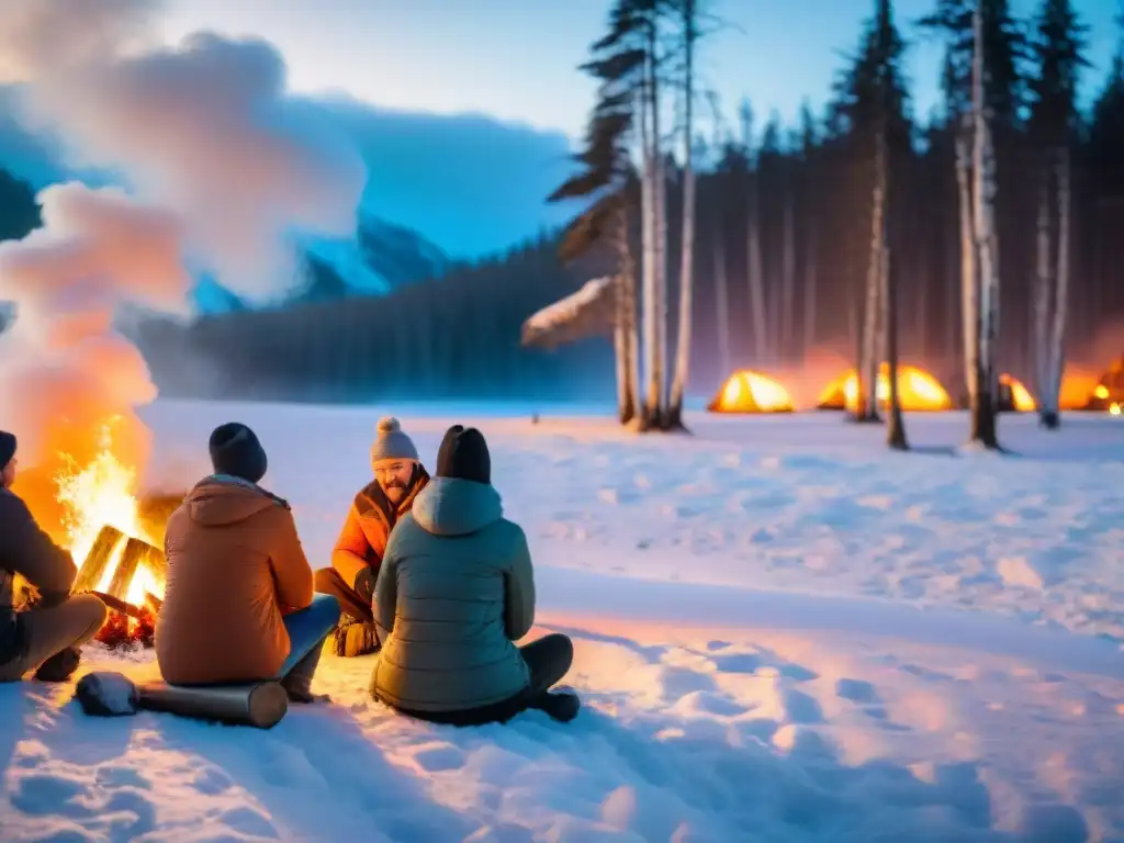 Grupo de campistas alrededor de fogata en invierno, compartiendo alegría y calidez con recetas cocina campamento invierno