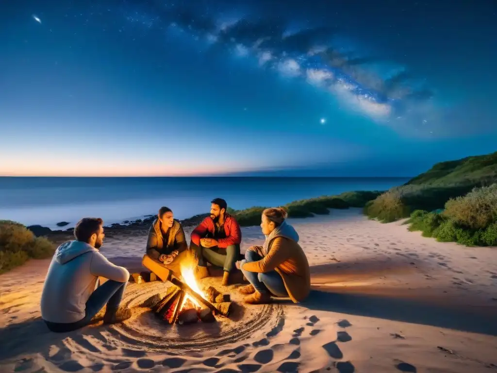 Grupo de campistas alrededor de fogata en Noche de San Juan en Uruguay, creando atmósfera mágica de camping