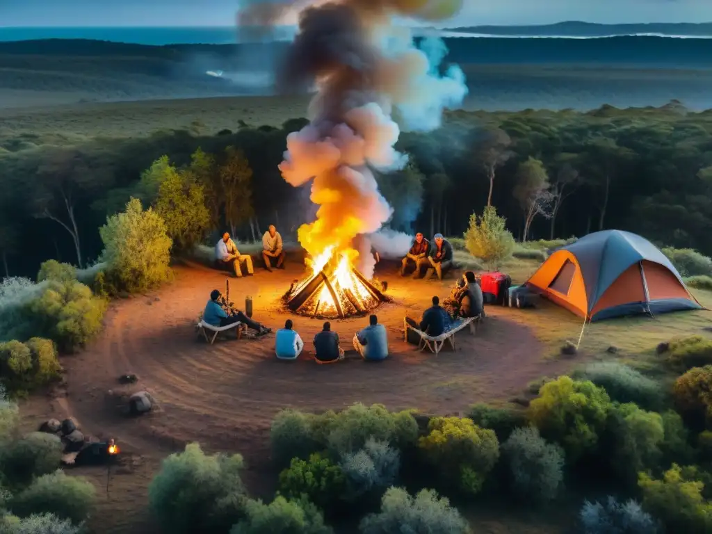 Grupo de campistas alrededor de fogata en la noche de la selva uruguaya, capturados por un dron