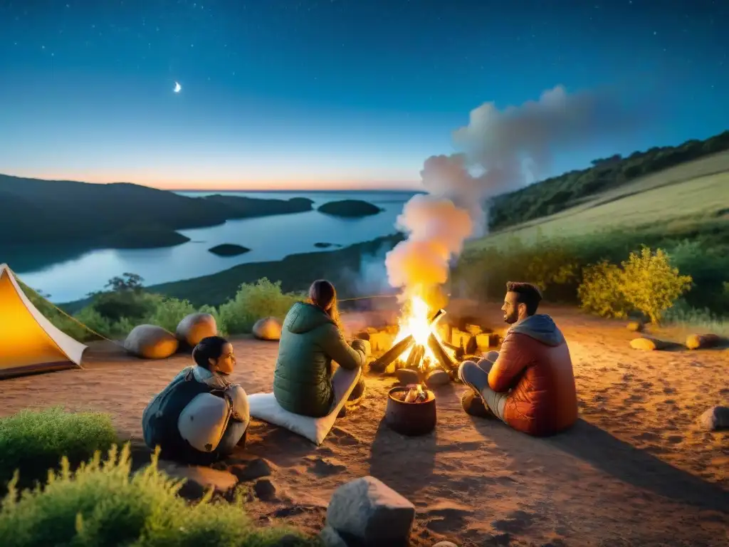 Grupo de campistas disfrutando de una fogata nocturna en un bosque de Uruguay