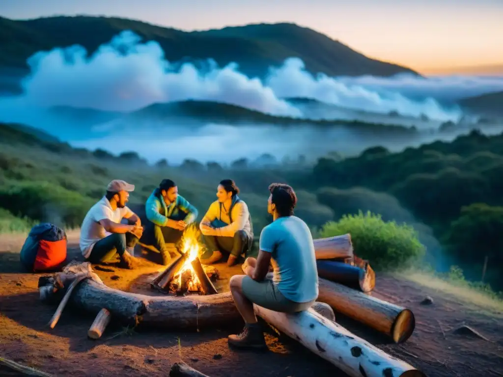 Grupo de campistas en fogata nocturna en bosque uruguayo, creando un ambiente de camaradería y aventura