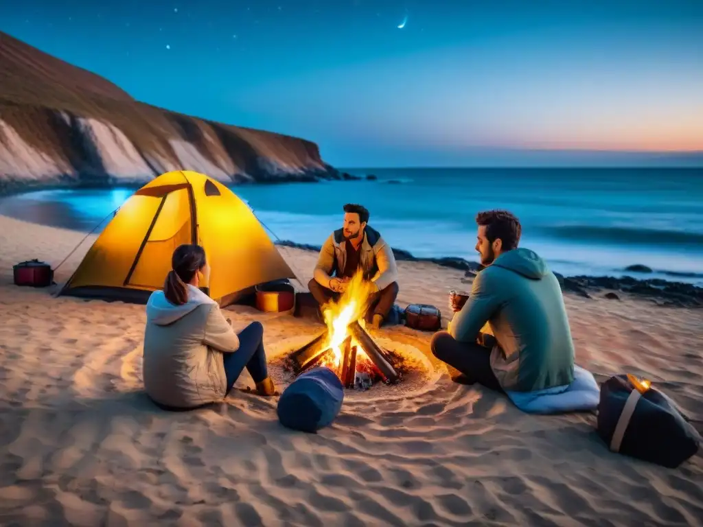 Grupo de campistas disfrutando de una fogata en la playa al atardecer en Uruguay