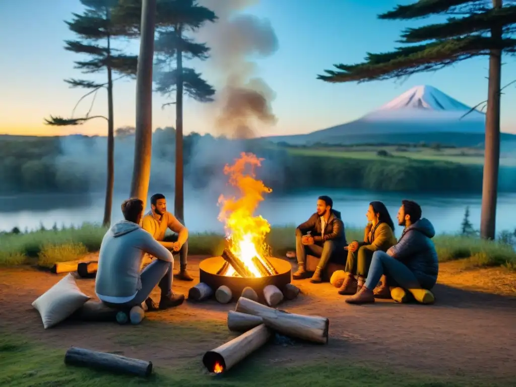 Grupo de campistas disfrutando de una fogata segura en un bosque de Uruguay