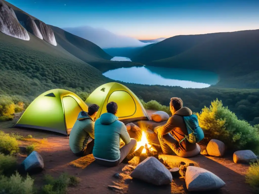 Grupo de campistas rodeando fogata tecnológica en la naturaleza uruguaya con gadgets camping innovadores