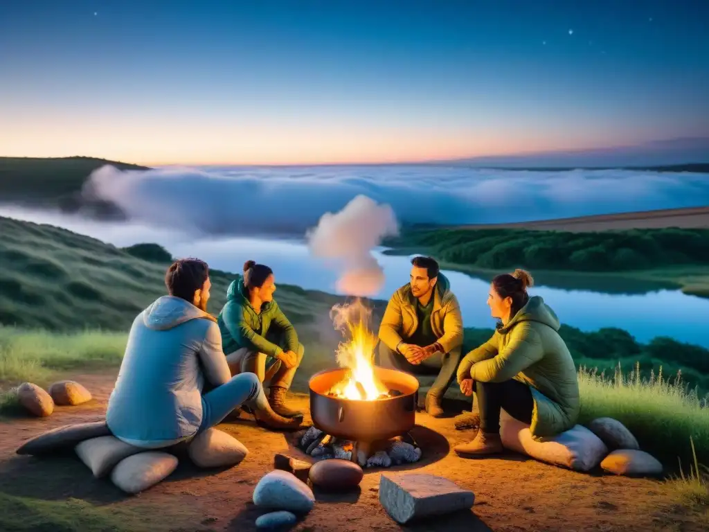 Un grupo de campistas en Uruguay cocinando sobre un fogón campfire bajo el cielo estrellado