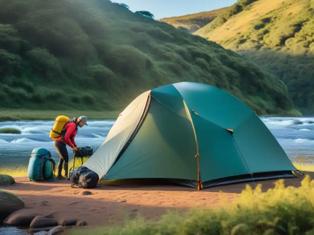 Grupo de campistas en Uruguay asegurando fundas impermeables para equipo camping en la naturaleza exuberante