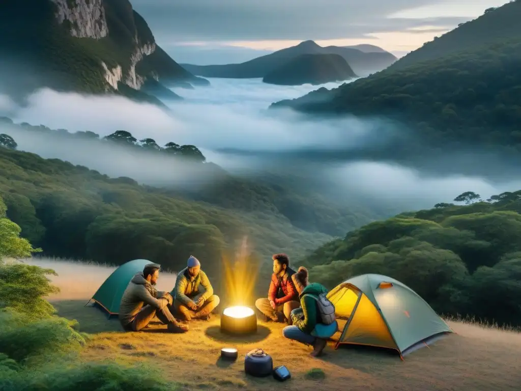 Grupo de campistas en Uruguay usando gadgets de supervivencia para camping en un bosque verde exuberante