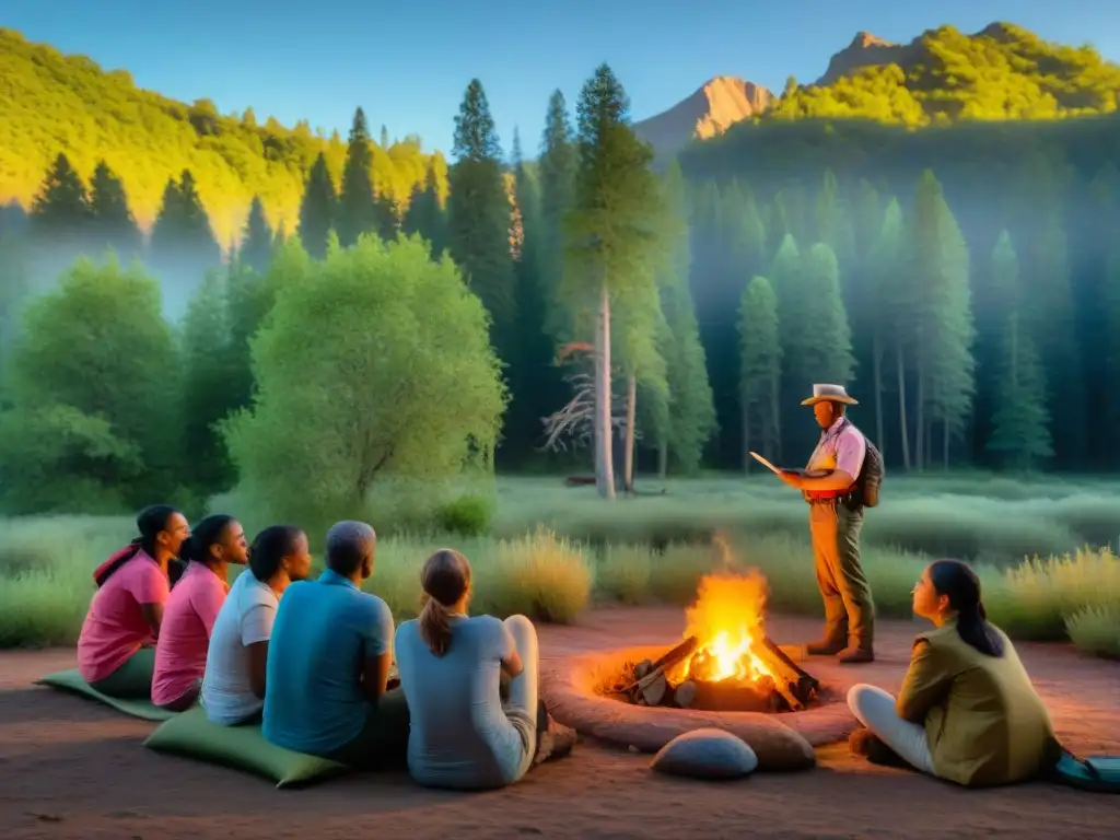 Grupo de campistas escuchando atentamente al guardaparque sobre emergencias climáticas en camping Uruguay