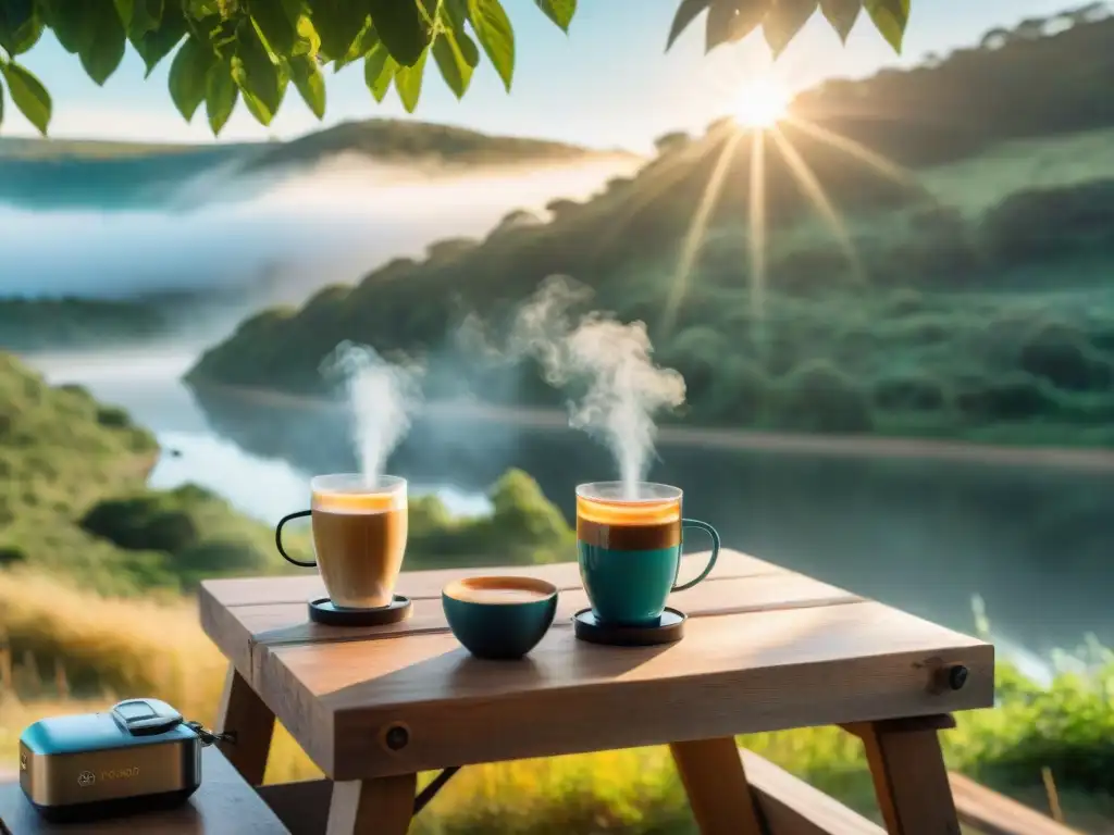 Grupo de campistas disfrutando café recién hecho al amanecer en Uruguay con cafeteras portátiles para camping